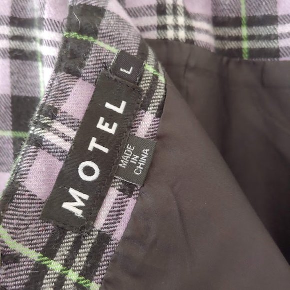 Motel plaid flannel slight spandex lined zipper skirt/L/purple green black - Picture 7 of 8